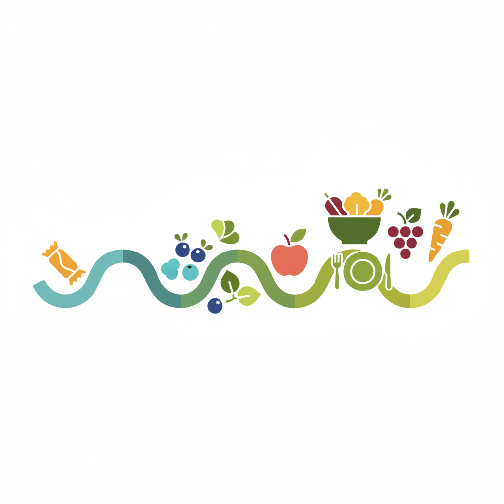 An infographic-style vector illustration depicting a subtle visual timeline or journey, symbolizing the evolution of dietary preferences. A stylized path winds through different stages, with abstract food icons appearing at various points: perhaps a cartoonish early snack item at the beginning, gradually transitioning to vibrant, fresh fruits, vegetables, and a wholesome meal representation towards the end. The artwork should be clean, modern, and use a balanced color palette to convey progression and changes in food choices over time, without explicitly showing any text or numbers.