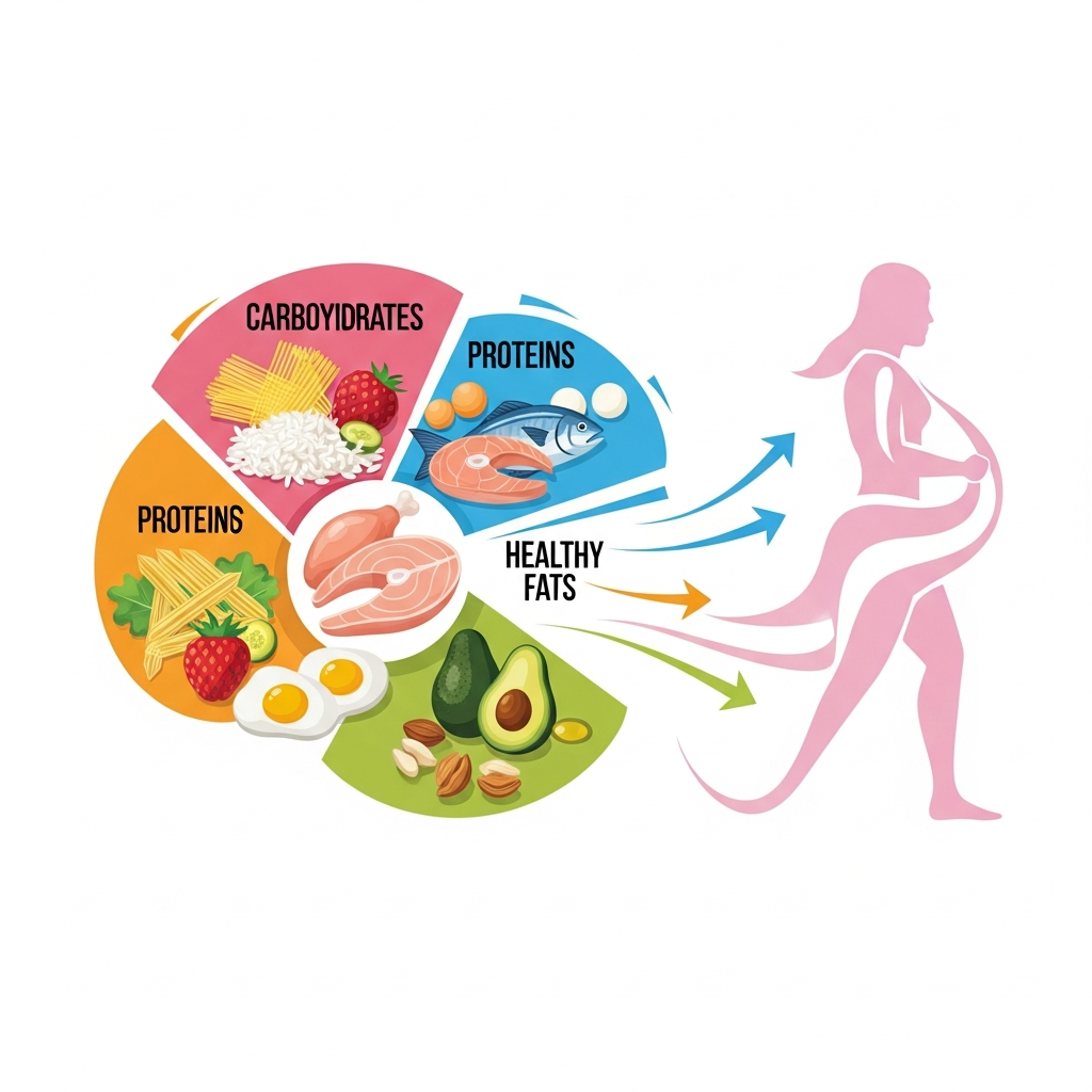 An engaging infographic-style illustration depicting the core nutritional components vital for an athlete's performance. The image features three distinct, colorful sections, each visually representing carbohydrates (e.g., pasta, rice, fruits), proteins (e.g., chicken breast, fish, eggs), and healthy fats (e.g., avocado, nuts, olive oil). Dynamic lines or arrows could emanate from these sections, conveying energy, muscle growth, and recovery, perhaps subtly converging towards a stylized, abstract athletic form in the background, all rendered in a clean, modern vector art style with a vibrant color palette.