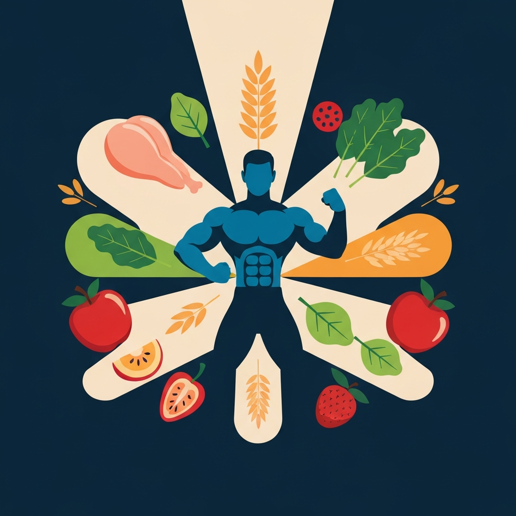 A dynamic, modern flat illustration in a bold, strong color palette. The central figure is a stylized, muscular silhouette reminiscent of a powerful athlete, depicted in a confident stance. Around this figure, various healthy food elements like chicken breasts, whole grains, leafy greens, and colorful fruits are depicted as abstract energy sources or building blocks, visually converging towards the figure. The overall image conveys strength, sustenance, and the idea of strategic nutrition powering a demanding lifestyle, without any specific facial features.