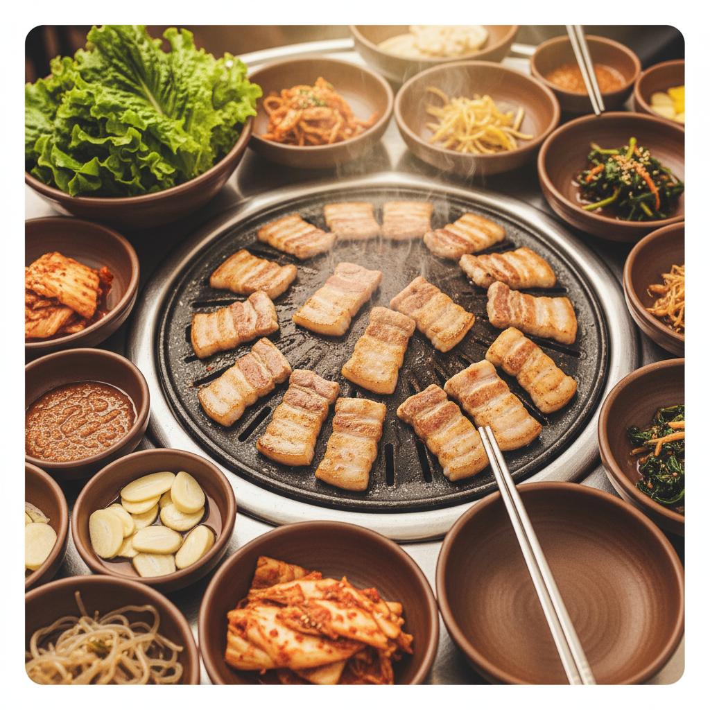 A professional, high-angle food photograph with a slightly stylized filter, showcasing a mouth-watering Korean BBQ spread. The central focus is a tabletop grill with sizzling, perfectly grilled slices of samgyeopsal (pork belly). Surrounding the grill are artistically arranged small bowls of fresh, green lettuce and perilla leaves for wraps, vibrant red kimchi, sliced garlic, and various colorful dipping sauces like ssamjang. Steam subtly rises from the grill, and warm, inviting lighting highlights the rich textures and deliciousness of the communal meal. The scene evokes comfort, tradition, and shared enjoyment of authentic Korean cuisine.