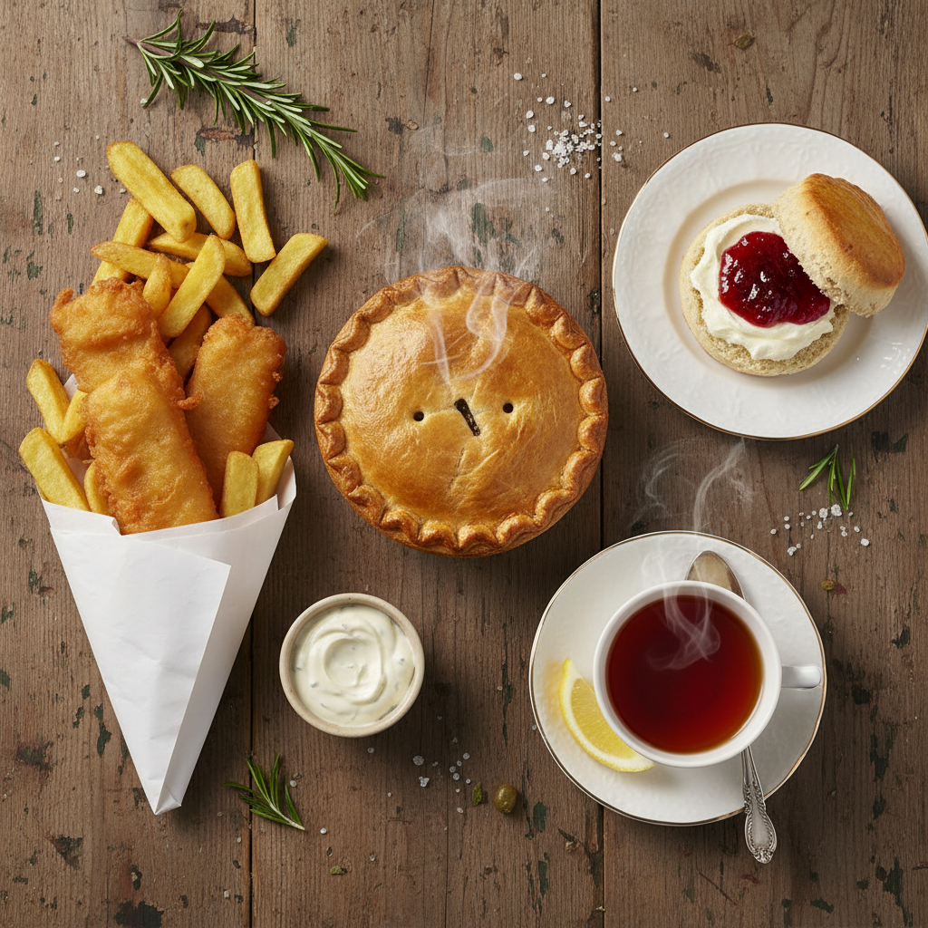 A beautifully styled professional food photograph, taken from a top-down perspective, showcasing an inviting assortment of traditional British comfort foods. Include items such as a golden-crusted savory pie, a portion of crispy fish and chips wrapped in plain paper (no text or branding), a warm scone with clotted cream and jam, and a classic cup of tea. Arrange the dishes aesthetically on a rustic wooden table or a warm-toned linen tablecloth, emphasizing rich textures and steam emanating from hot items, illuminated by soft, natural light.