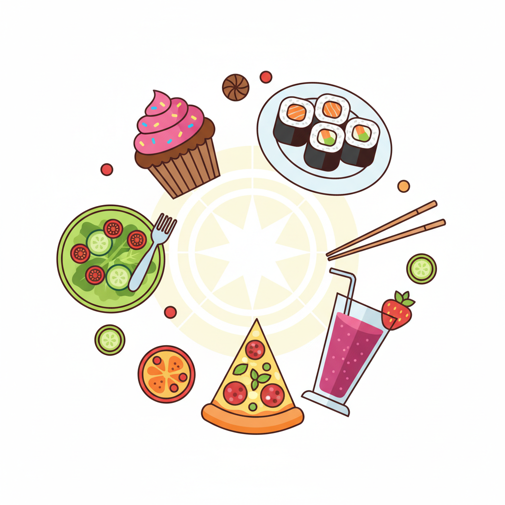 A vibrant, modern flat illustration showcasing a collection of diverse and appealing food icons arranged dynamically. Central to the composition is a subtle, abstract star or spotlight shape, symbolizing a global icon's revealed tastes. Surrounding it are various stylized food items: a gourmet cupcake, a fresh green salad, sushi rolls, a slice of pizza, and a vibrant fruit smoothie. Each item is rendered with clean lines and inviting colors, representing a multifaceted palate and the intriguing discovery of a celebrity's culinary world. The overall aesthetic is engaging and visually balanced.